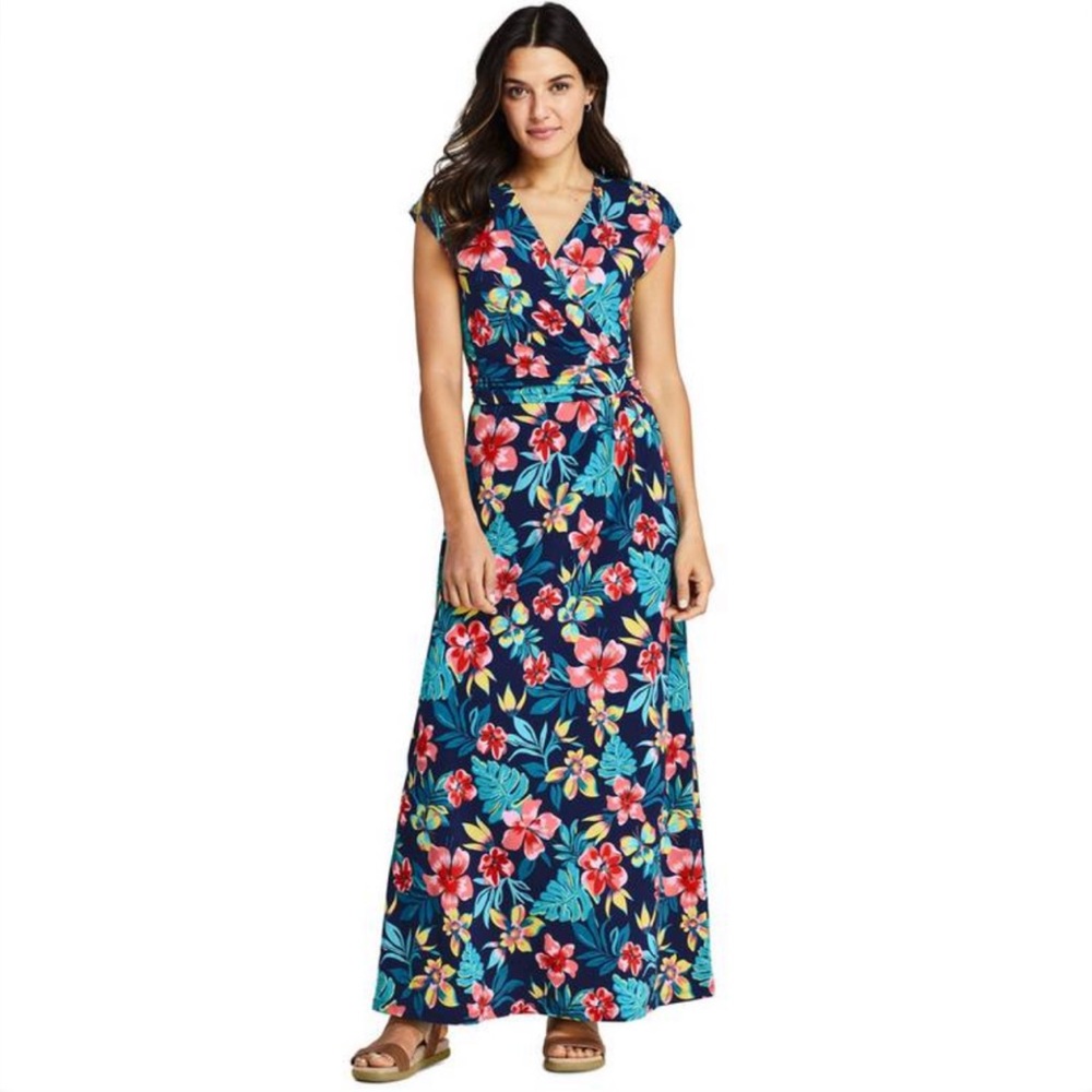 Land's End Floral Jersey Twist Wrap Maxi Dress